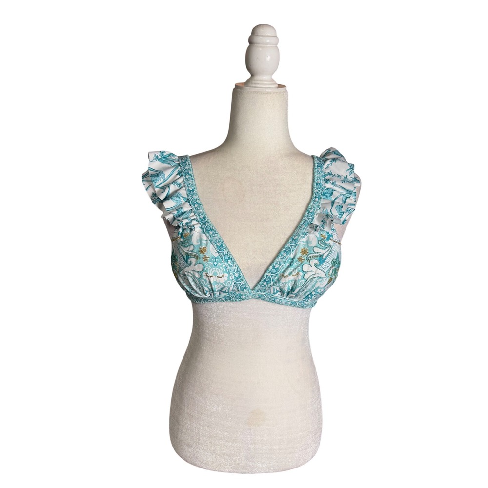 Cosita Linda Beaded Ruffle Strap Bikini Top Aqua Paisley Swim Top Small